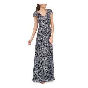 JS COLLECTION Womens Navy Patterned Formal Fit + Flare Dress 12